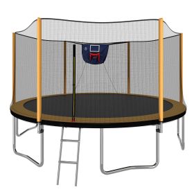 14FT Powder-coated Advanced Trampoline with Basketball Hoop Inflator and Ladder(Outer Safety Enclosure) Orange