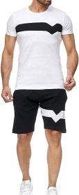 Men's Splicing 2 Piece Tracksuits Casual Short Sleeve Shirts and Shorts Suits (Color: White, size: L)